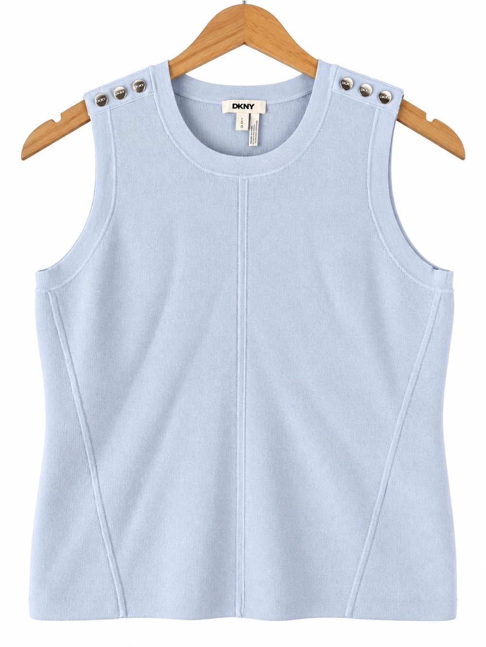 DKNY Baby Blue Knit Tank Top Large Silver Button Shoulder Quiet Luxury Preppy